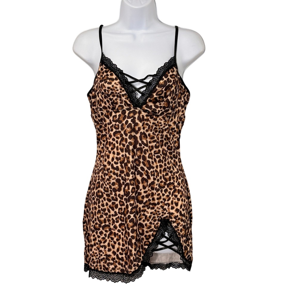 Leopard Slip Mini Dress Size M Lace Y2K Mob Wife 90s Chemise Vamp Asymmetric